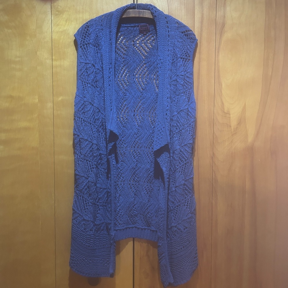 Color Works Cardigan Womens XL Blue Crochet Sleeveless Bohemian Cottagecore
